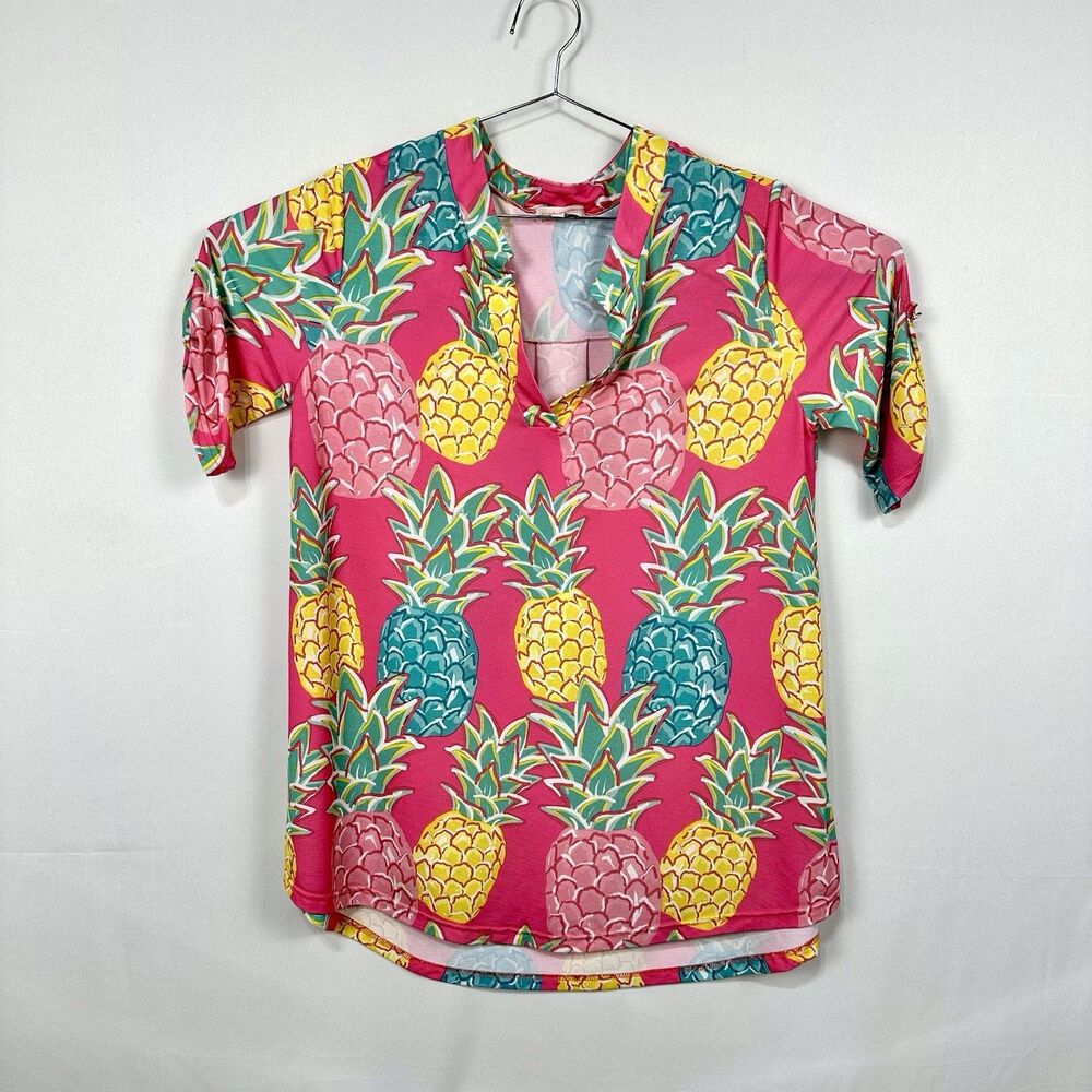 Simply Southern Pineapples Stretch Roll Tab Sleeve Tunic Women Medium